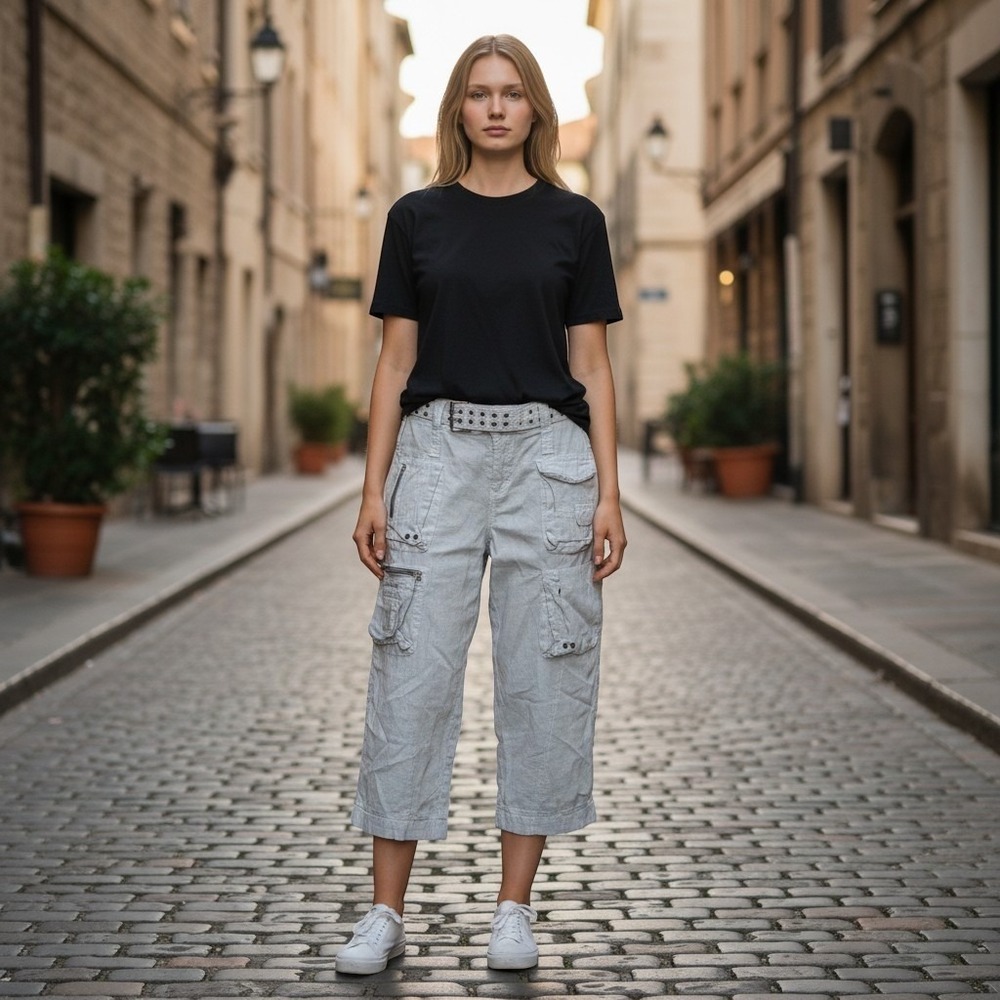 Johnny Was Pete and Greta Grey Linen Cargo Pants Boho Cropped Belted 8 Utility
